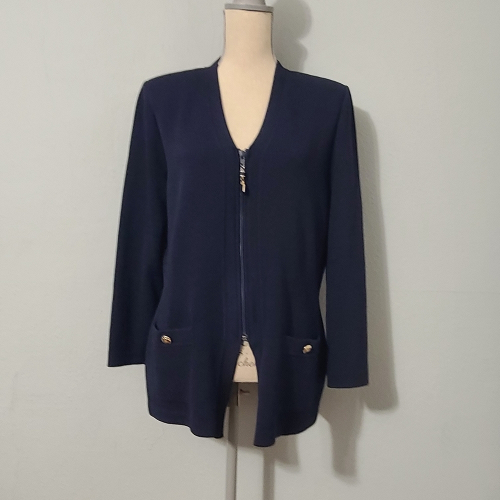 St John Basics Vintage Knit Wool Elegant Navy‎ Zip Up Womens Sweater Jacket